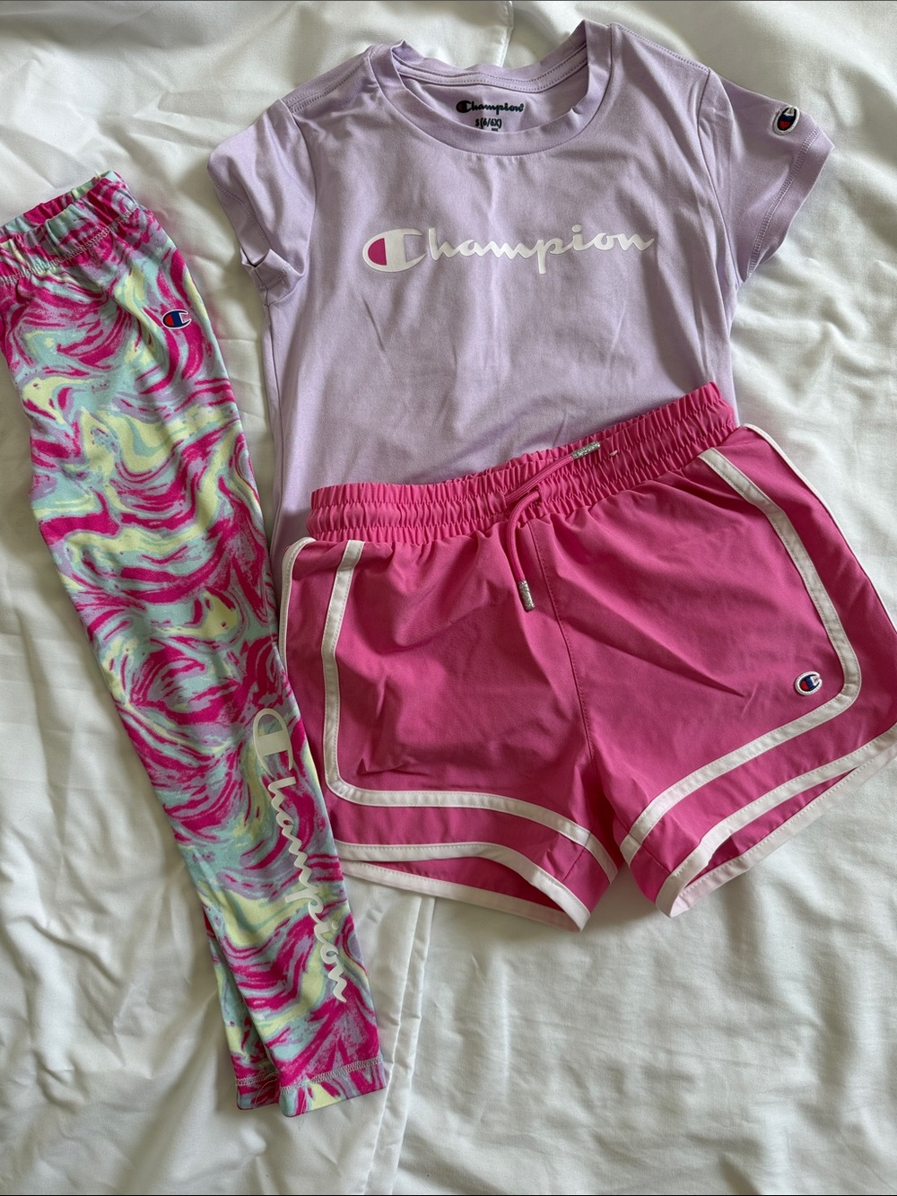 Girls Champion Lilac Logo Tee with Hot Pink Shorts and Multicolor Swirl Leggings